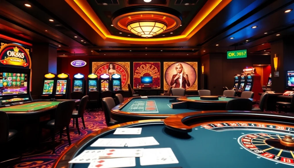Engaging scene of nhà cái OK365 with vibrant casino tables and interactive betting displays.