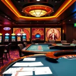 Engaging scene of nhà cái OK365 with vibrant casino tables and interactive betting displays.