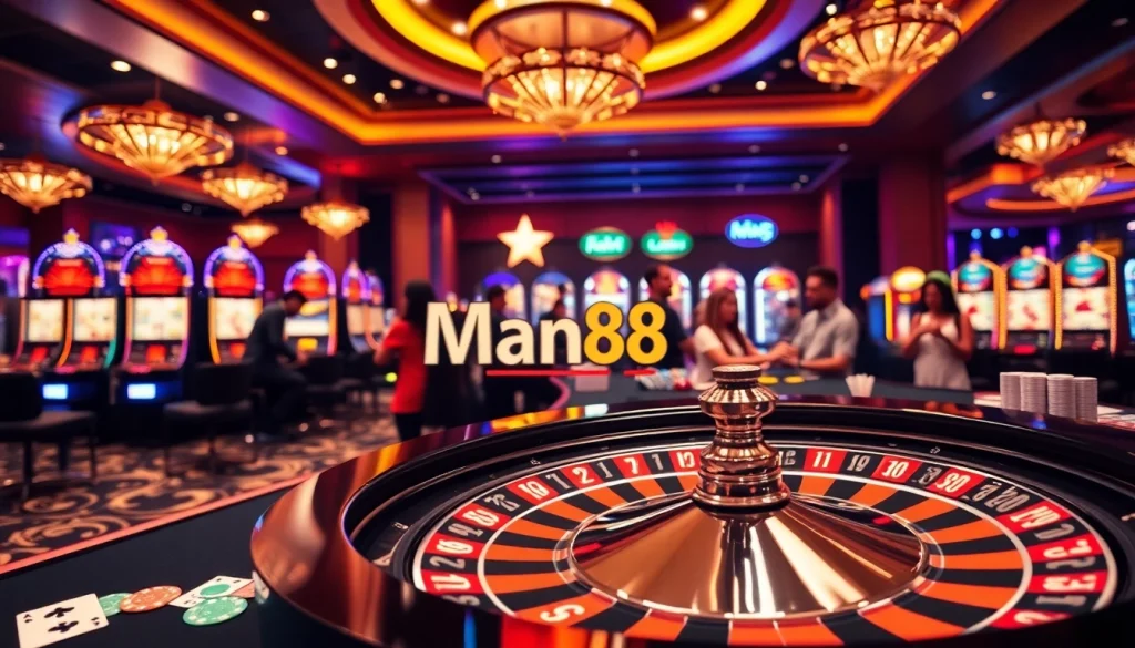 Experience the thrill of Man88 at a vibrant casino with roulette and poker.