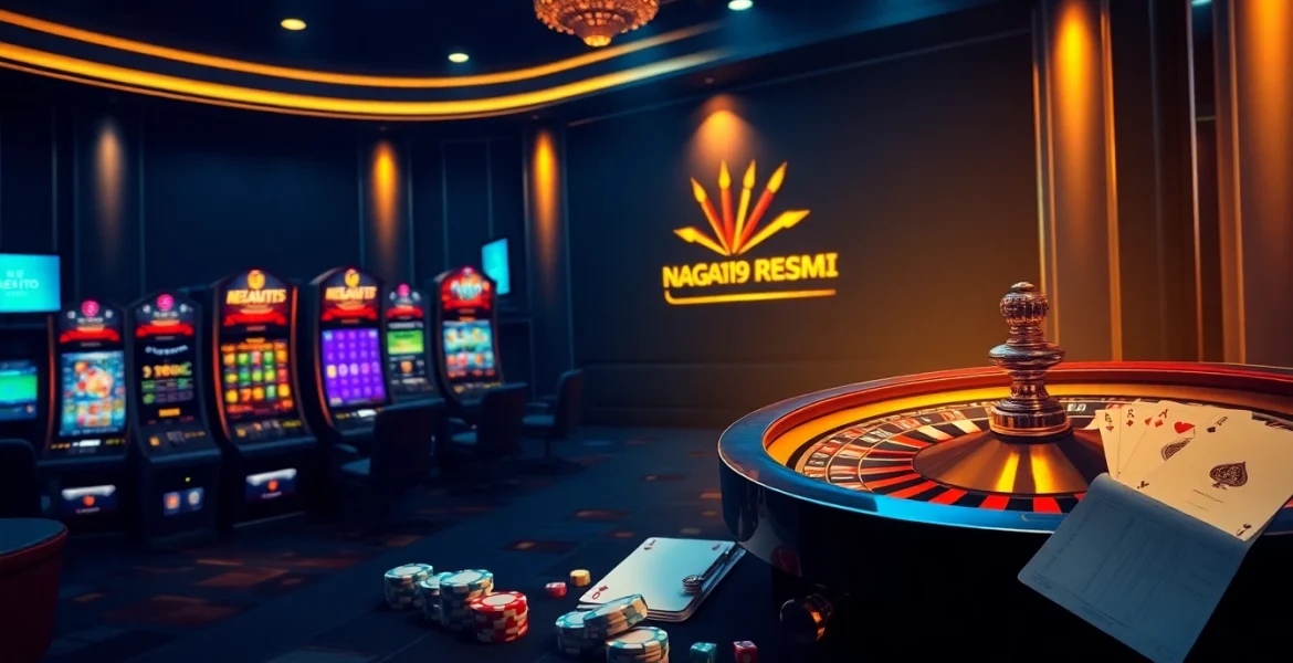 Naga169 resmi online casino showcasing vibrant slot machines and poker chips in a luxurious gaming environment.
