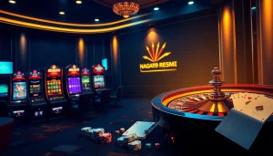 Naga169 resmi online casino showcasing vibrant slot machines and poker chips in a luxurious gaming environment.