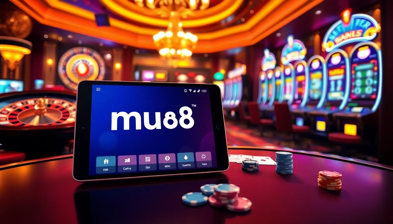 An engaging casino scene showcasing the mu88 app on a tablet, with vibrant gambling elements like poker chips and roulette.