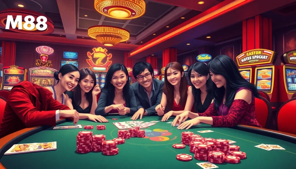 MM88 brings excitement by showcasing players engaged in high-stakes poker at a luxurious casino table.