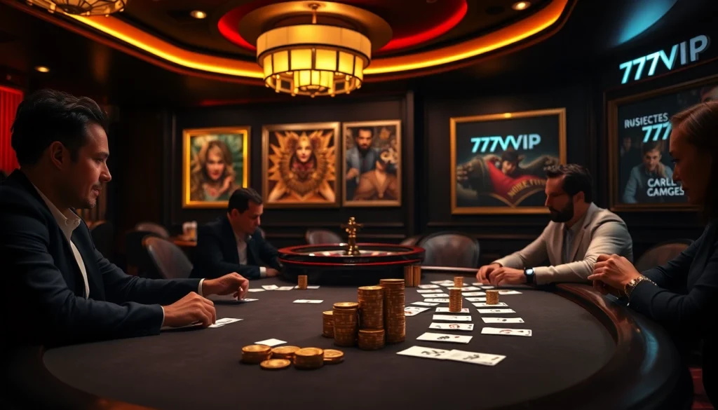 Engage in high-stakes poker at 777VIP's luxurious casino with stylish tables and vibrant gaming atmosphere.