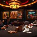 Engage in high-stakes poker at 777VIP's luxurious casino with stylish tables and vibrant gaming atmosphere.