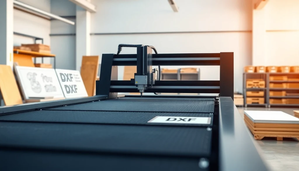 Creating intricate designs with dxf file for laser cutting on a modern machine in a bright workshop.
