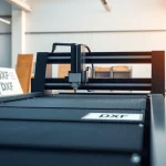 Creating intricate designs with dxf file for laser cutting on a modern machine in a bright workshop.