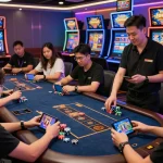 Players enjoying online games like Tài Xỉu at https://hitclub9.us.com/ in a vibrant gaming lounge.