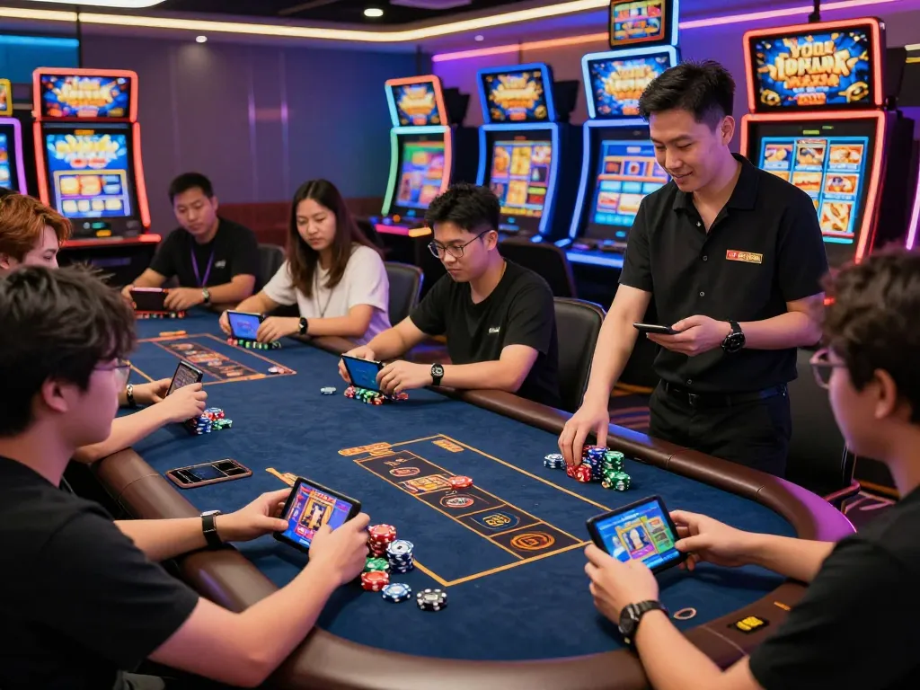 Players enjoying online games like Tài Xỉu at https://hitclub9.us.com/ in a vibrant gaming lounge.