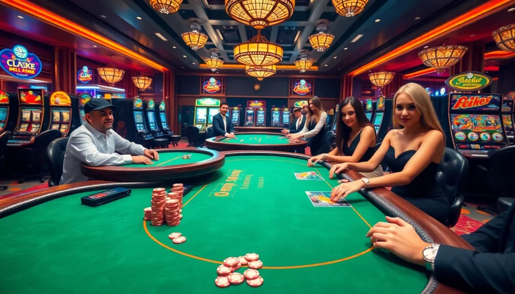 Players celebrating wins at BL555 casino with poker chips and vibrant slot machines.