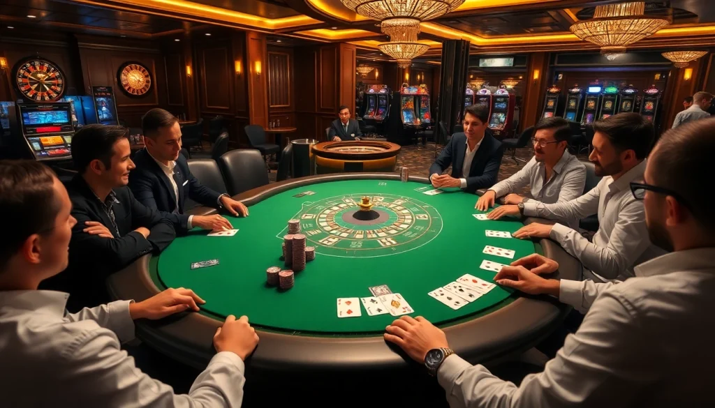 Engaging scene of players at a poker table in a luxurious casino, highlighting VB88 com.