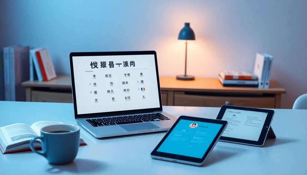 Modern translation workspace displaying 有道翻译 on a laptop with language tools.
