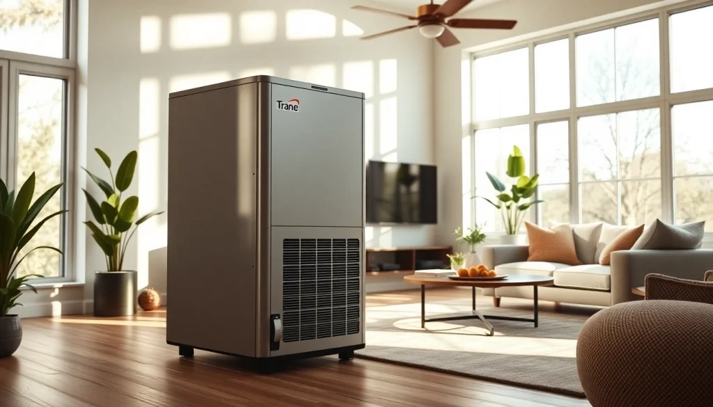 Trane HVAC unit in a modern living room, emphasizing efficiency and style.