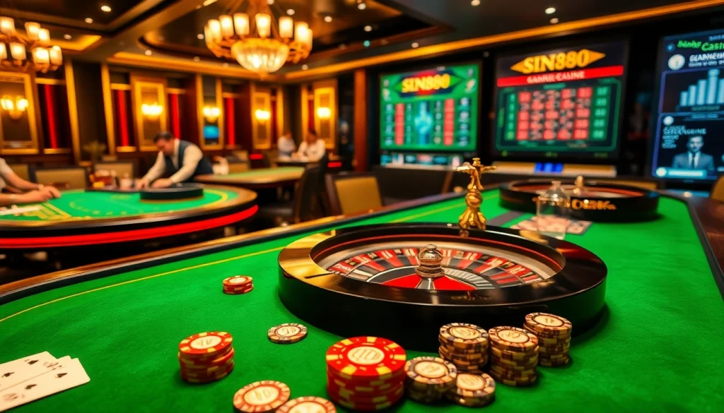 SIN88 players enjoying an exciting game night at a luxurious casino table with chips and cards.