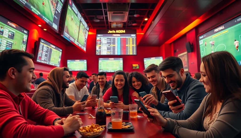 Live sports betting atmosphere featuring dynamic odds from https://keonhacai.gold/ with engaged fans and digital screens.