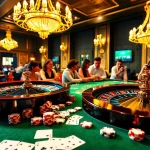 Gambling excitement at https://9789bet.com/ with players enjoying roulette and poker in a luxurious casino setting.