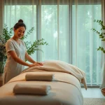 평화로운 분위기와 차분한 장식이 있는 1인샵 마사지 치료실.