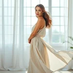 Linnen stof voor jurken: Elegante jurk in zachte kleuren met ademend linnen materiaal.