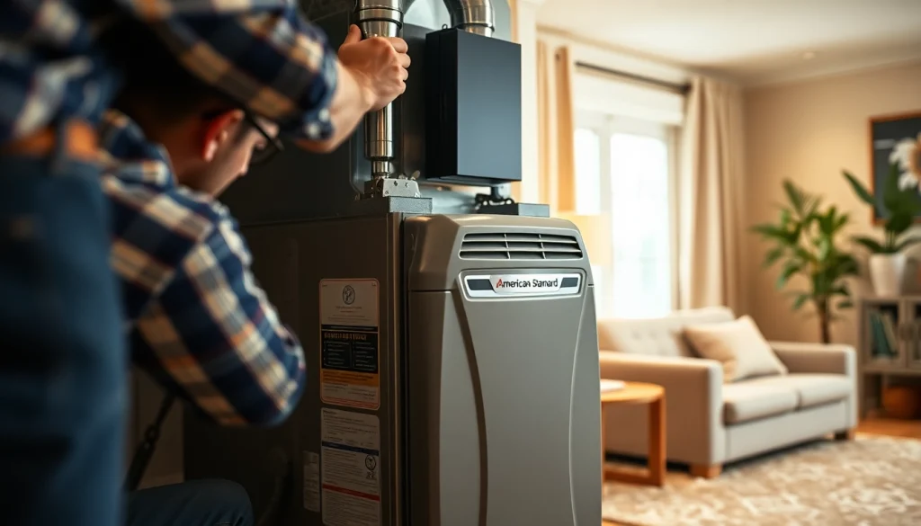 Technician installing an American Standard furnace in a cozy home environment.