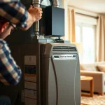 Technician installing an American Standard furnace in a cozy home environment.