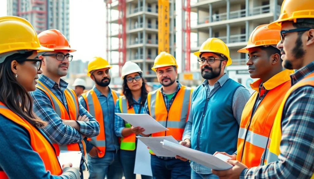 Construction safety training session with engaged workers at a job site, highlighting essential practices and safety gear.