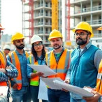 Construction safety training session with engaged workers at a job site, highlighting essential practices and safety gear.