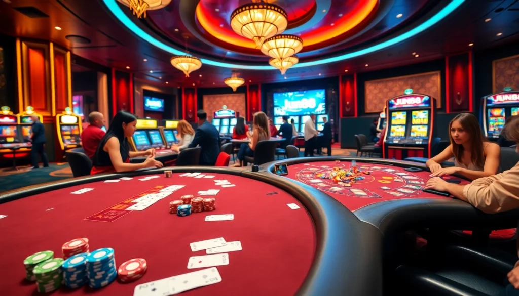 Experience thrilling gameplay at Jun88's premier gaming lounge with vibrant casino elements.