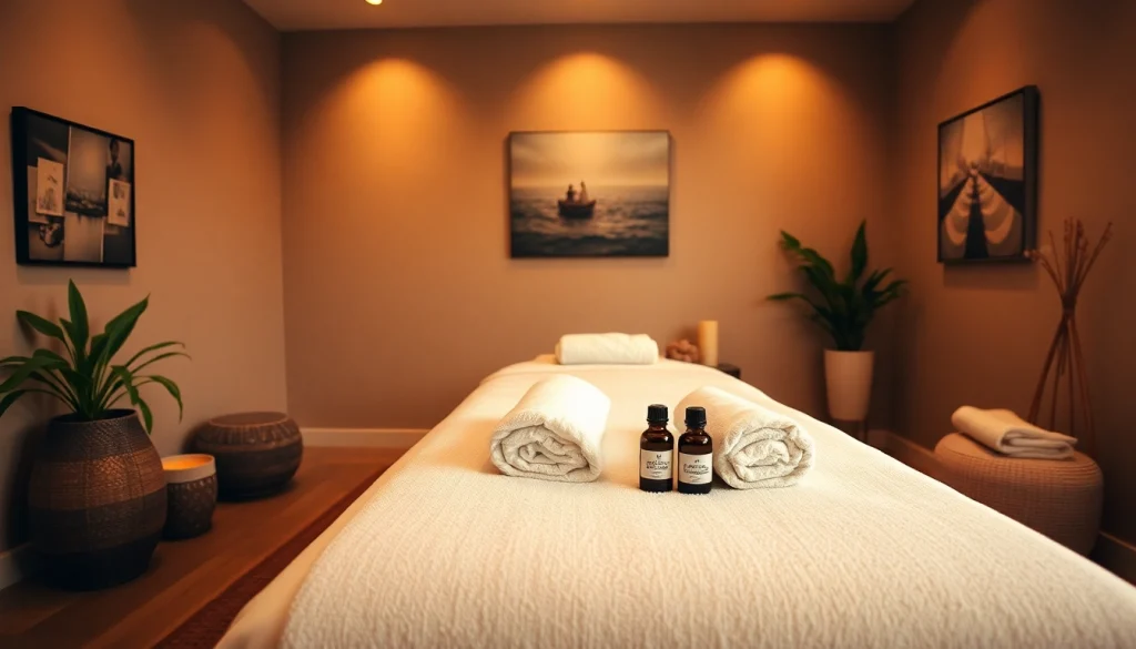 마사지 테이블과 편안한 장식을 보여주는 편안한 마사지 치료 환경.