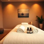 마사지 테이블과 편안한 장식을 보여주는 편안한 마사지 치료 환경.