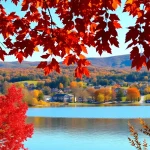 Clarksburg vibrant autumn landscape with colorful foliage reflecting in a serene lake.