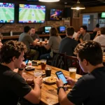28bet user placing bets in a vibrant sports bar, engaged with live action and betting options.