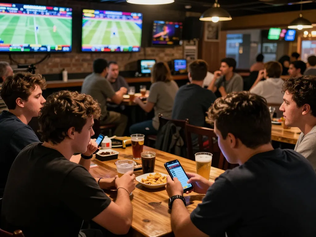 28bet user placing bets in a vibrant sports bar, engaged with live action and betting options.