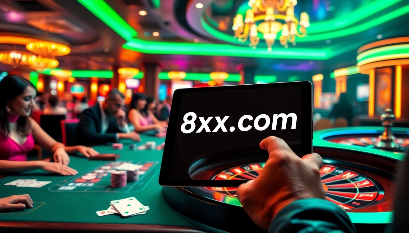 Players enjoying gaming excitement at 8xx.com in a modern casino scene filled with action.