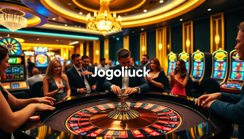Engaged players at a Jogoluck roulette table experience high-stakes thrills in a luxurious casino setting.