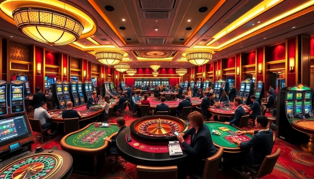 Experience the excitement at https://f1682.email/ with diverse gamblers at luxurious casino tables and vibrant slot machines.