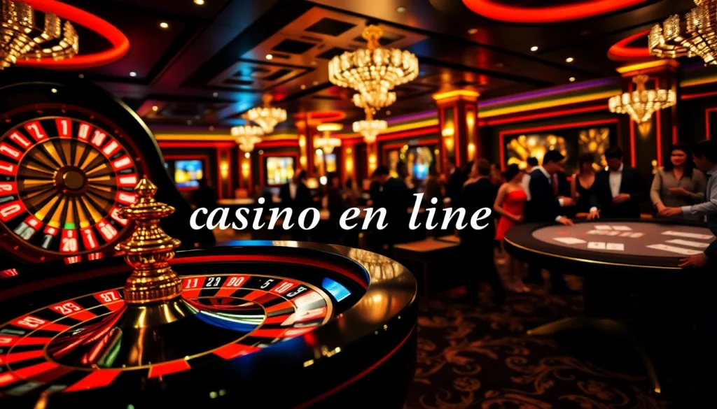 Scène de casino en ligne excitante avec une roulette et un affrontement de poker dans un cadre luxueux.