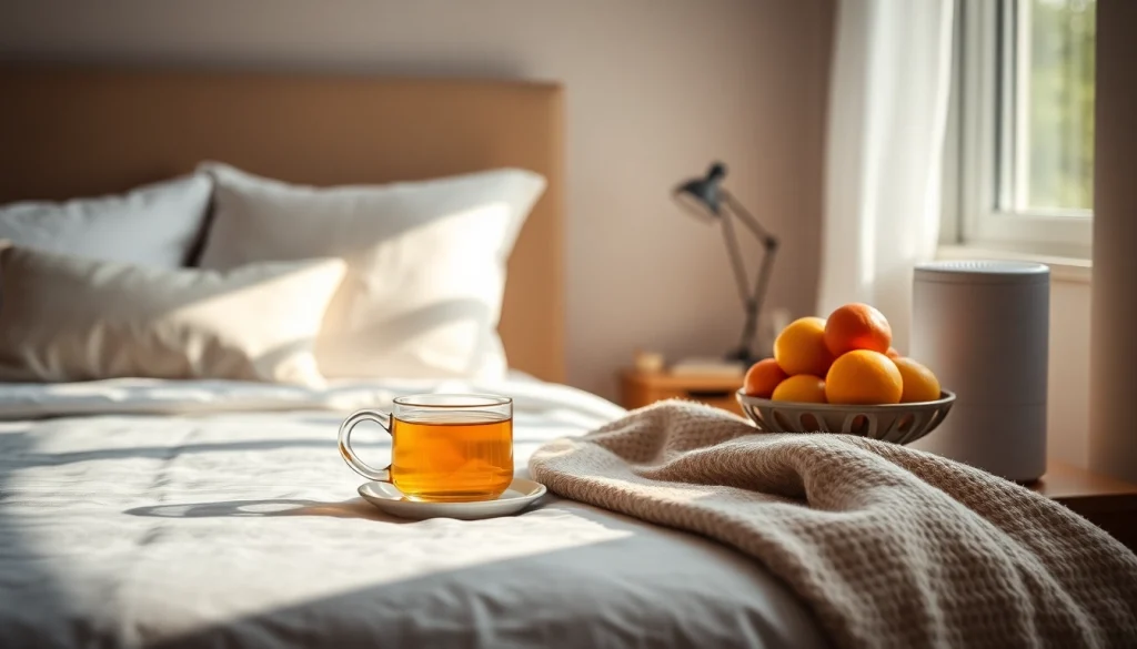生姜茶と果物でリラックスを促す居心地の良い寝室を通じて、風邪を一晩で治す方法のイラスト