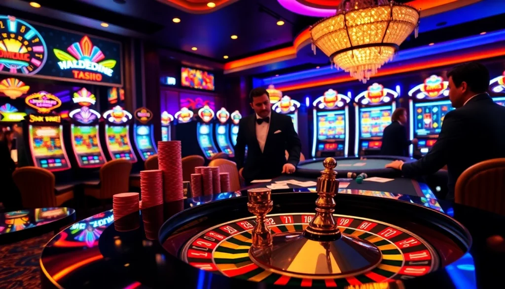 Expérience excitante de casino en ligne avec des joueurs à la table de poker et à la roue de la roulette.