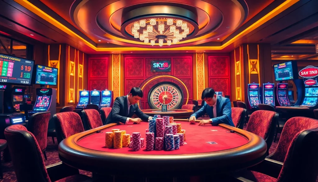 Exciting gaming action at Nhà cái SKY88 with vibrant poker games and lively casino atmosphere.