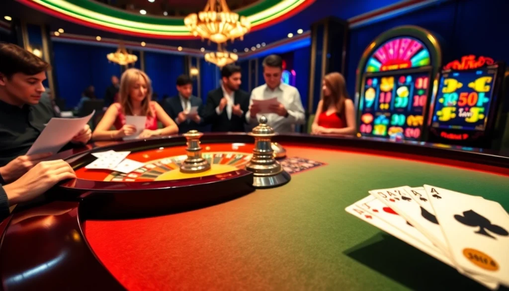 Découvrez l'excitation du casino en ligne avec des joueurs à une table de roulette et des machines à sous au design dynamique.