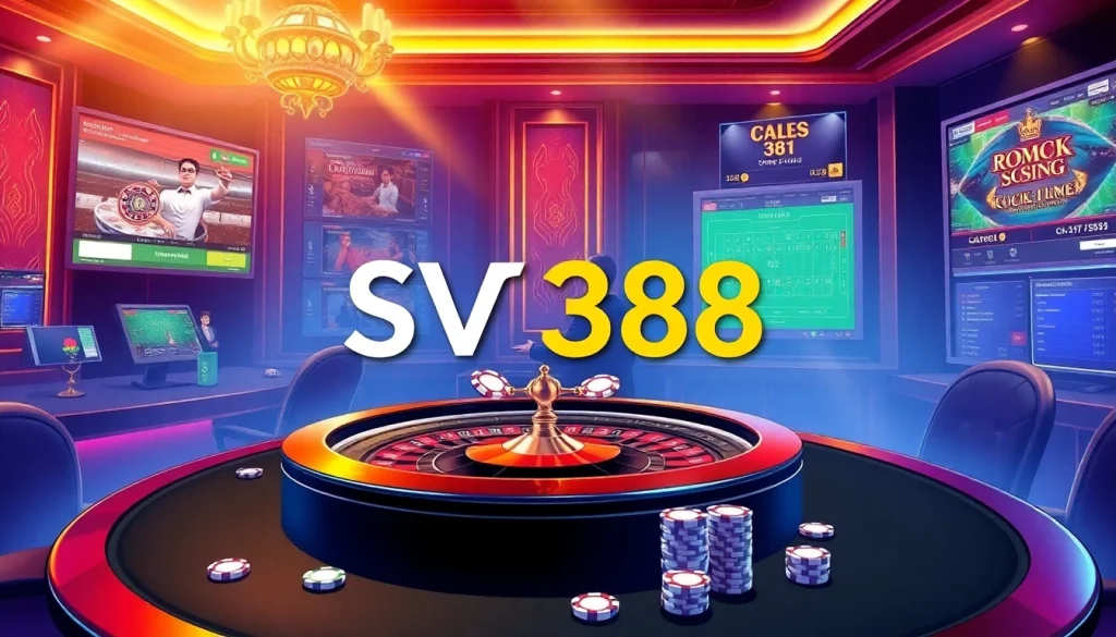 SV388 immersive online gambling scene with roulette, poker chips, and live betting interfaces.