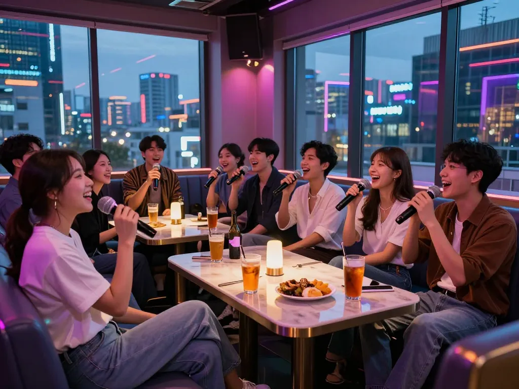 与朋友们在KTV酒吧中体验充满活力的江南夜生活，享受강남쩜오。