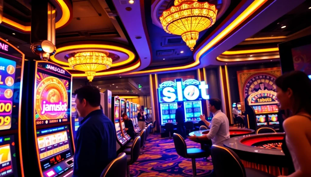 Players winning at jamuslot slot machines in a luxurious casino environment.