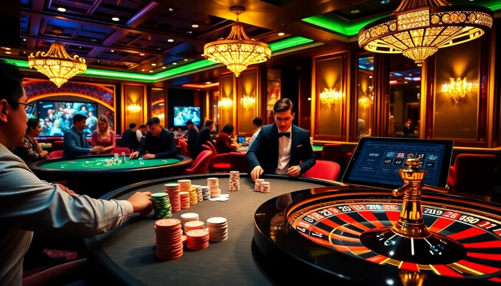 Experience the thrilling atmosphere of ONE88 trang chủ with high-stakes poker and a spinning roulette wheel.
