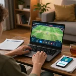 Player enjoying BK33 online cricket betting with live odds displayed on a laptop in a cozy home setting.