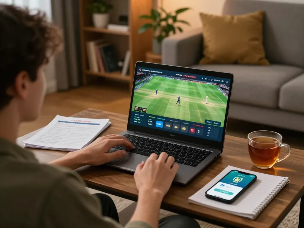 Player enjoying BK33 online cricket betting with live odds displayed on a laptop in a cozy home setting.