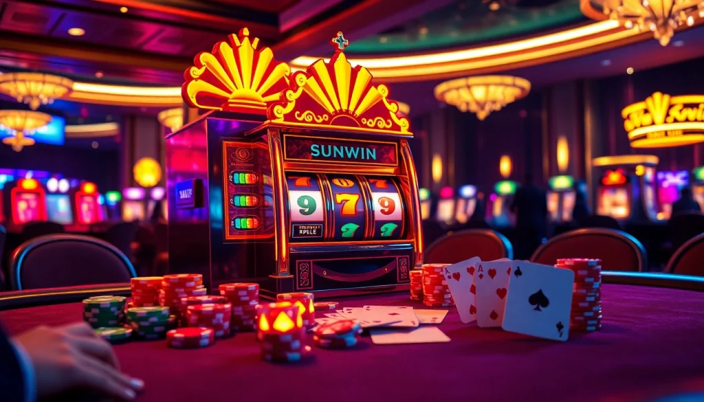 Spin the sunwin slot machine amidst vibrant chips and cards in a luxurious casino setting.