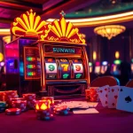 Spin the sunwin slot machine amidst vibrant chips and cards in a luxurious casino setting.