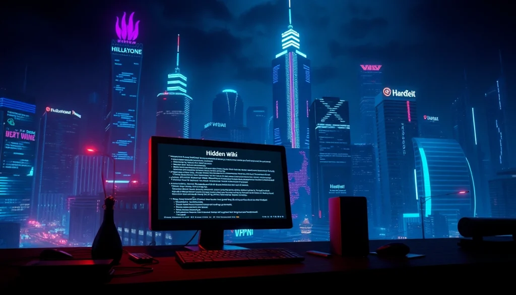The hidden wiki interface in a dark web cityscape, illuminated with neon lights, showcasing .onion links and privacy tools.