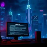 The hidden wiki interface in a dark web cityscape, illuminated with neon lights, showcasing .onion links and privacy tools.